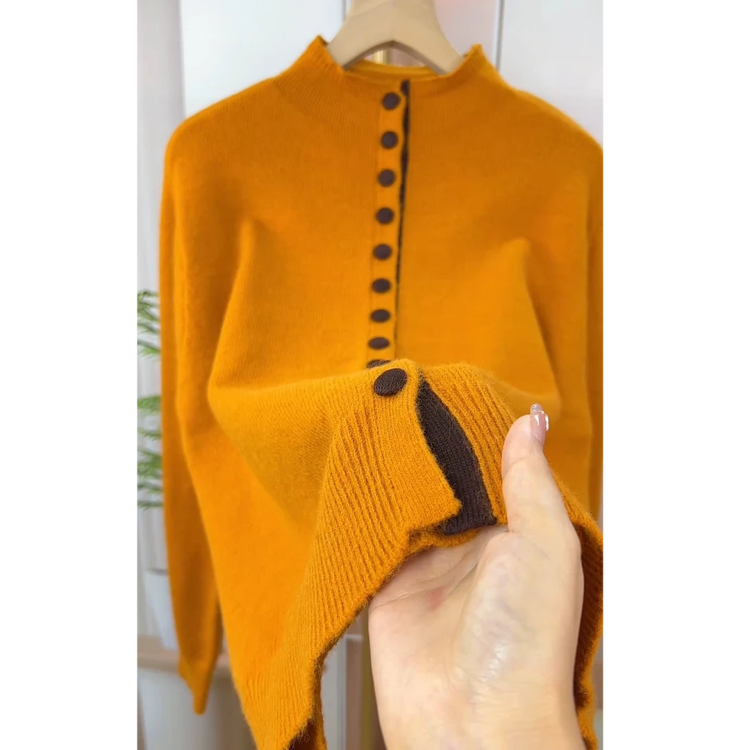 半高领长袖单排扣针织开衫女2025年秋冬新款橘色休闲显瘦毛衣上衣