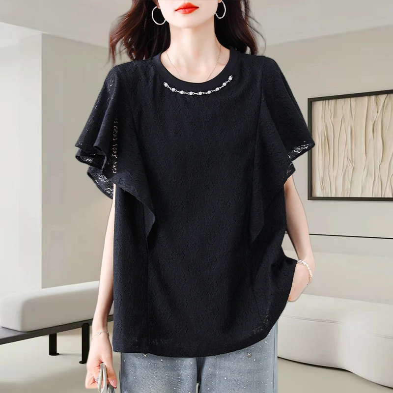 黑色短袖t恤女夏季2025新款时尚洋气遮肚显瘦飞飞袖蕾丝气质上衣