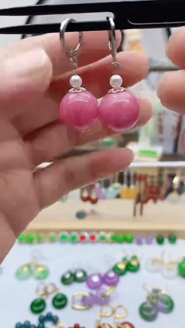 银S925镶嵌菱锰矿（红纹石）耳饰175