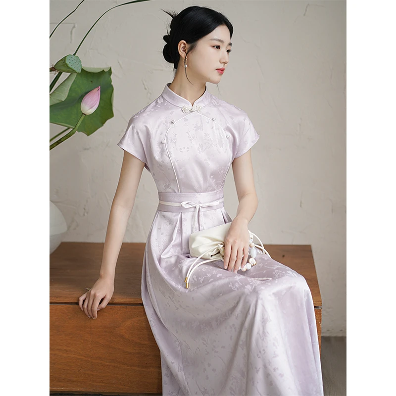 初蝉新中式连衣裙女夏新款立领提花醋酸高端国风改良旗袍0602-N