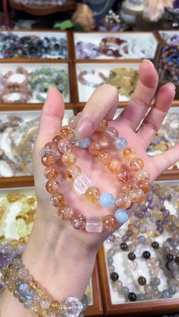 未镶嵌手串水晶闪灵红胶花海蓝宝白水晶方糖手串