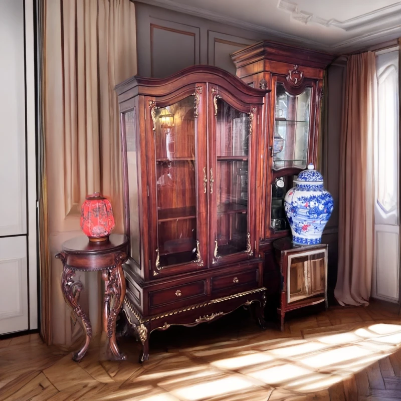 美式乡村实木双门玻璃酒柜家用欧式复古客厅展示装饰柜