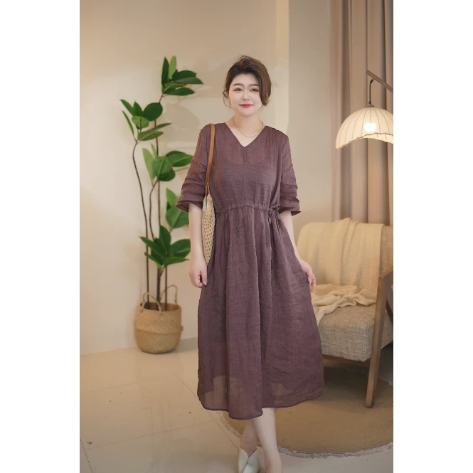 新款高端原创V领抽绳提花苎麻连衣裙女文艺复古过膝大摆裙子170#