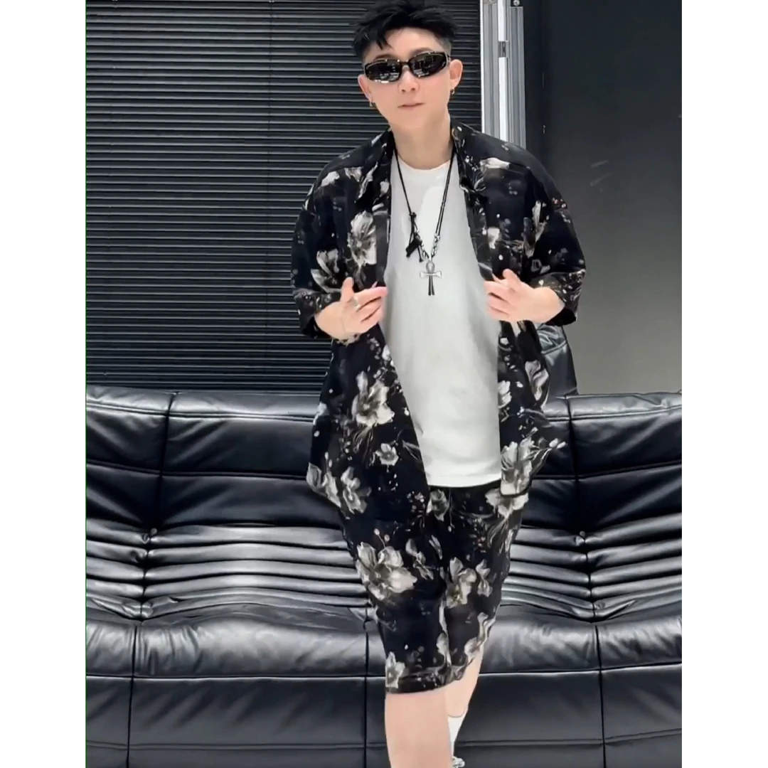 9106黑色潮流时尚冰丝休闲运动高级气质夏款网红宽松情侣套装