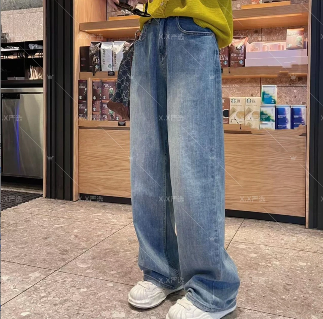 XX.YX设计师款腰可调节慵懒风薄料浅色洗水阔腿直筒裤牛仔裤9767