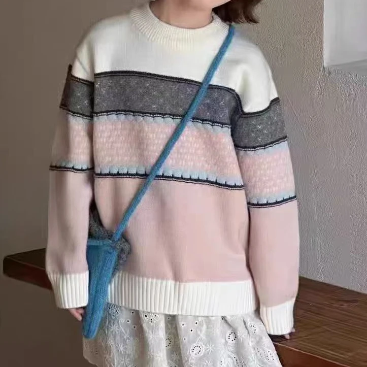 女童百搭韩版提花拼色圆领毛衣2535