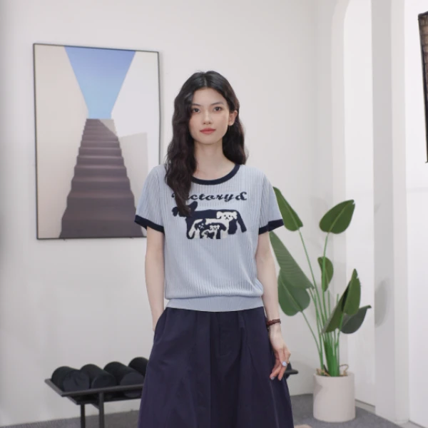 【一秒入夏】初语时尚提花针织衫女2025夏季休闲短袖落肩小衫上衣