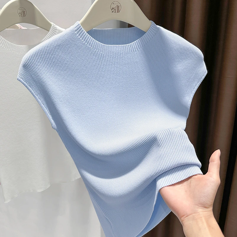 蓝色圆领飞飞袖修身T恤针织衫女舒适微弹打底衫薄款外穿小衫上衣