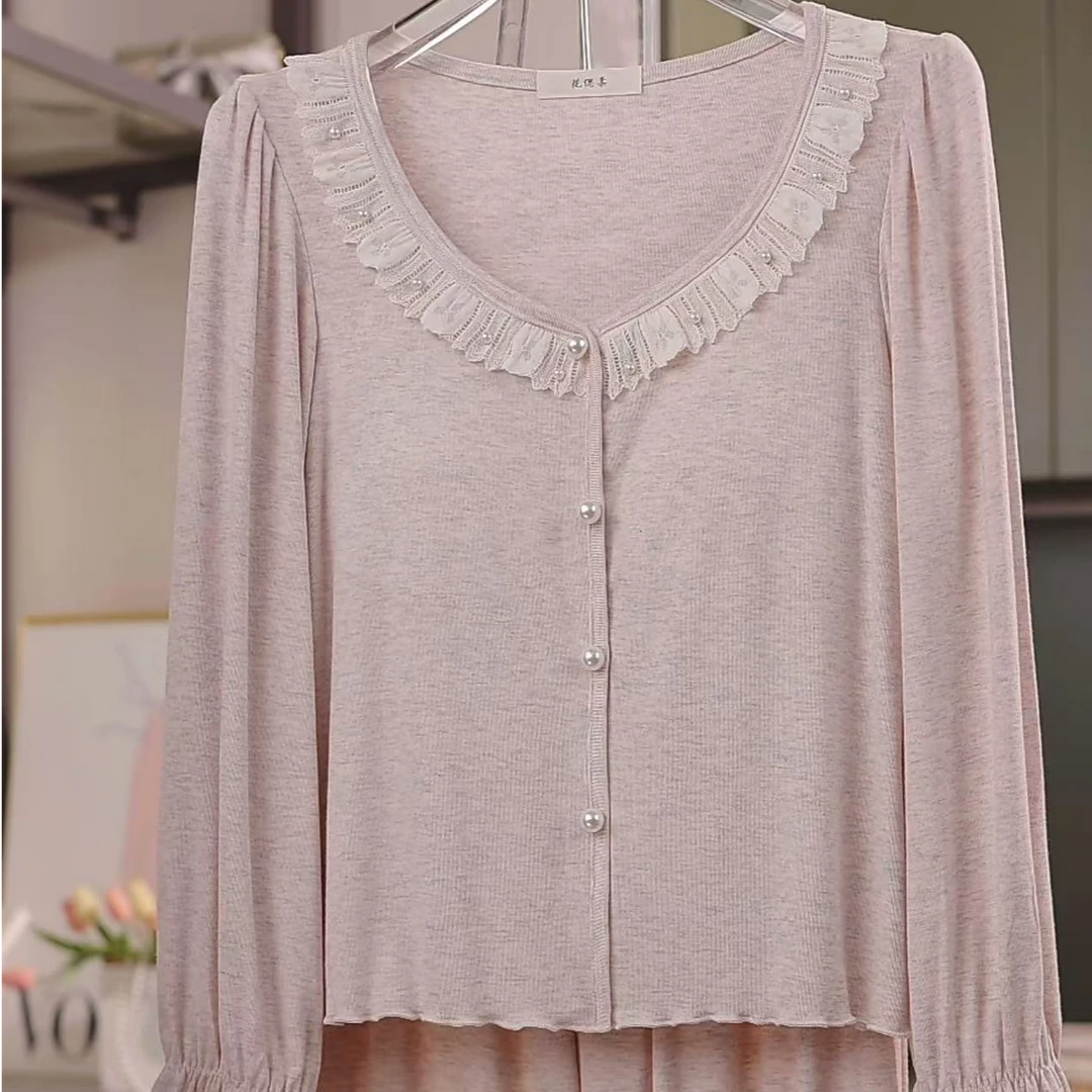 【法式珍珠公主】2025年ins新款竹纤维垫时尚女士春夏长袖长裤睡衣