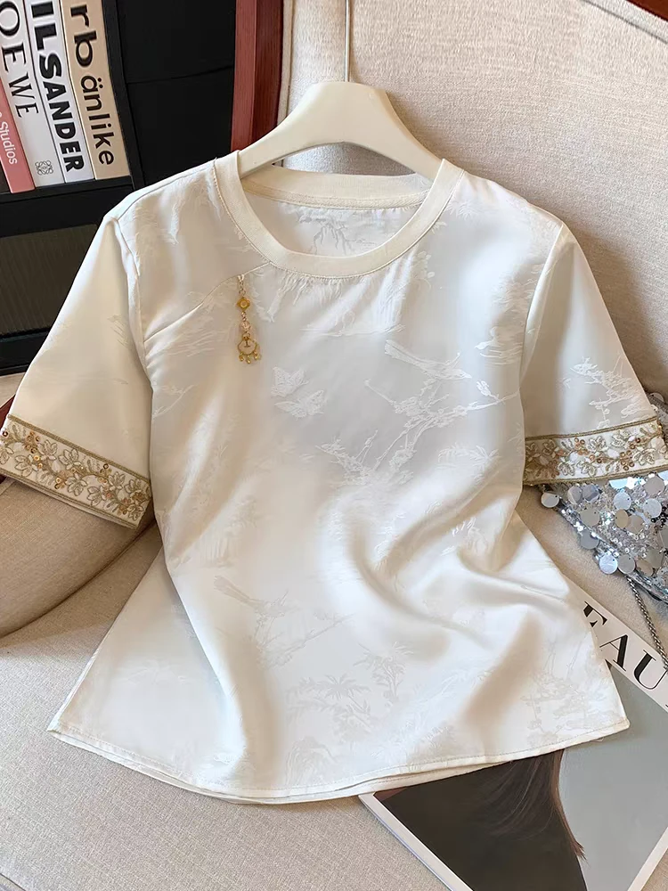 宋锦提花新中式国风衬衫女2025春夏新款设计感复古长袖百搭上衣