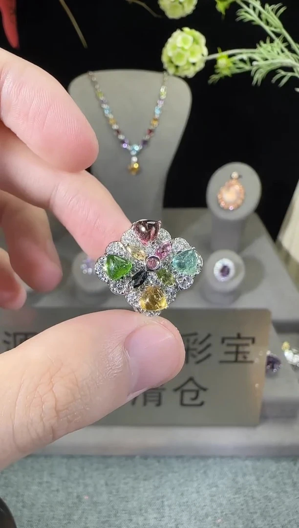 碧玺戒指银S925镶嵌5mm糖塔戒指多彩宝多样性发