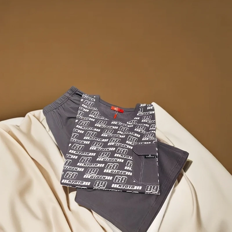 2025年春夏新款睡衣睡裤男士时尚数字潮流圆领百搭休闲风家居服