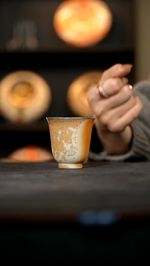 厚山柴烧金丝楠木落灰闻香杯80ml【镶银】