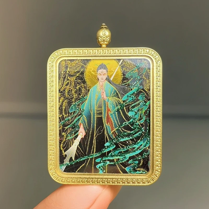 手绘描金加彩金唐卡双面二郎显圣真君吊坠款项链挂坠神话唐卡吊坠