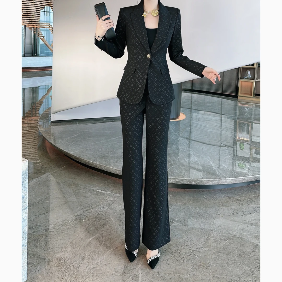 492新款高端轻奢气质轻熟印花西装长裤两件套早春新款显瘦西服女