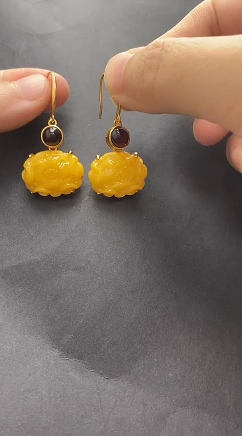 银S925镶嵌琥珀裸石蜜蜡耳坠