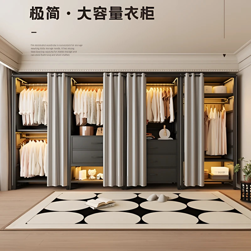 简易衣柜家用卧室出租房金属组装衣橱全钢架布衣柜靠墙一体收纳柜