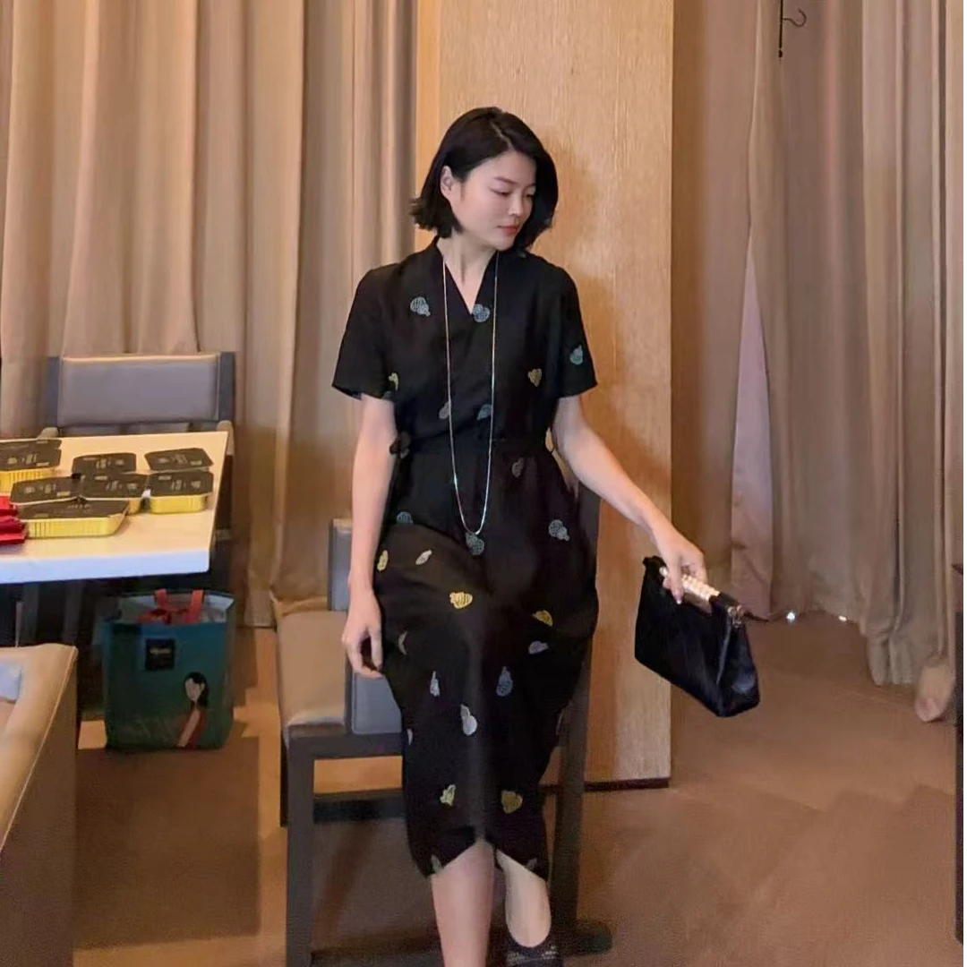 TANTAN  真丝香云纱 气质时尚葫芦印花连衣裙2091