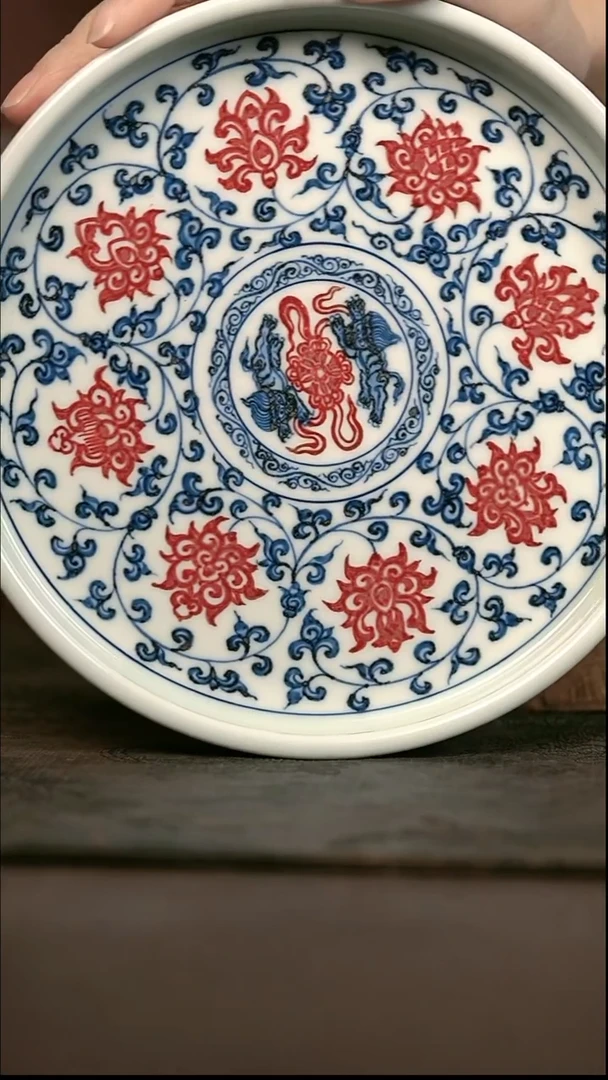 手绘 高温现代瓷  气窑   缠枝莲直边壶承17.5CM