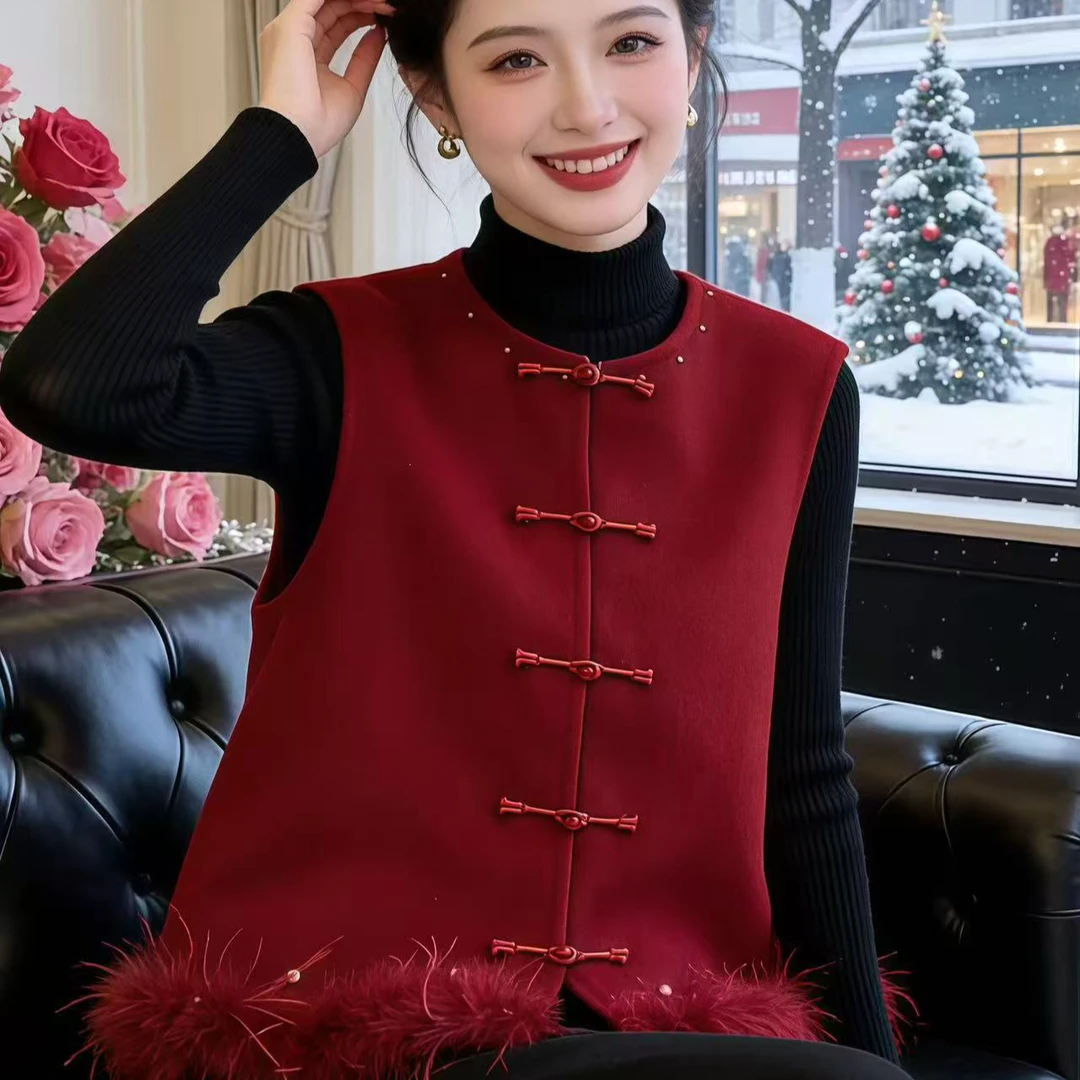 新年红圣诞国风毛毛拼接马甲女2026新款气质百搭加厚小个子背心