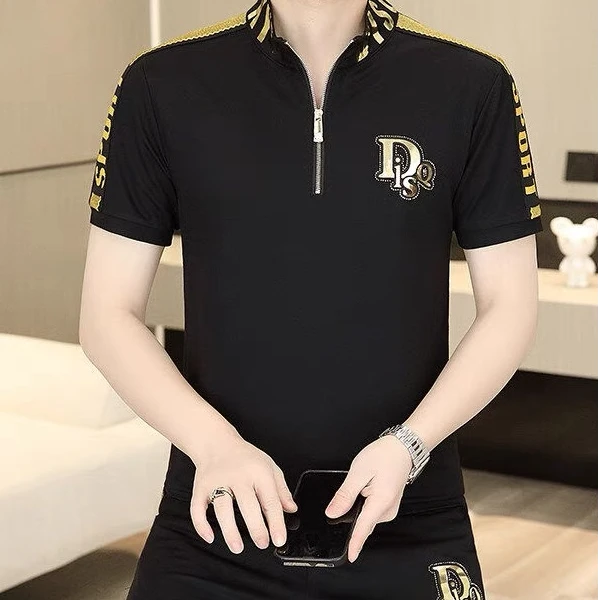 时尚套装男2025新款时尚潮流立领短袖t恤长裤一套搭配帅气两件套