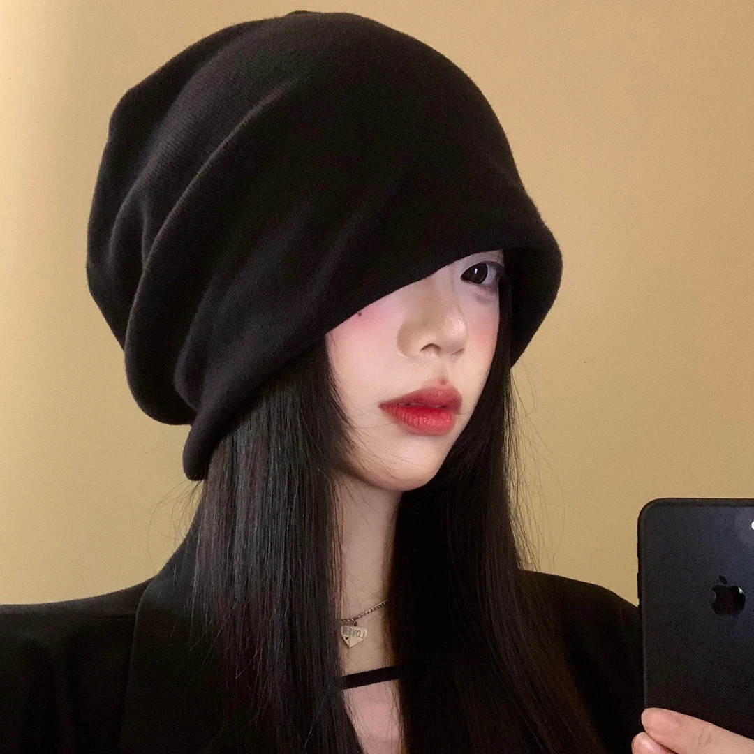 黑色堆堆帽女秋冬日系宽松大头围百搭包头帽时尚骑车专用女士帽子
