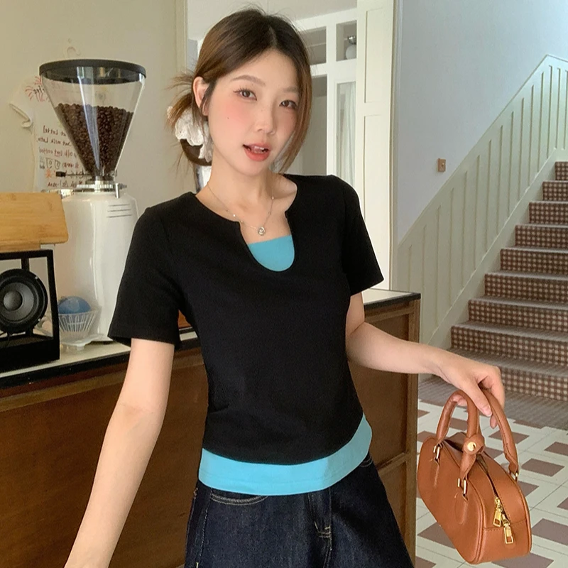 【橙子】2025夏装新款胖mm大码女百搭拼接撞色显瘦正肩短袖T恤33662