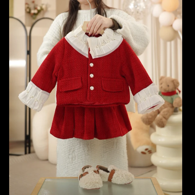 【断码】2024冬季新款儿童拜年服套装 女宝夹棉翻领外套+百褶裙
