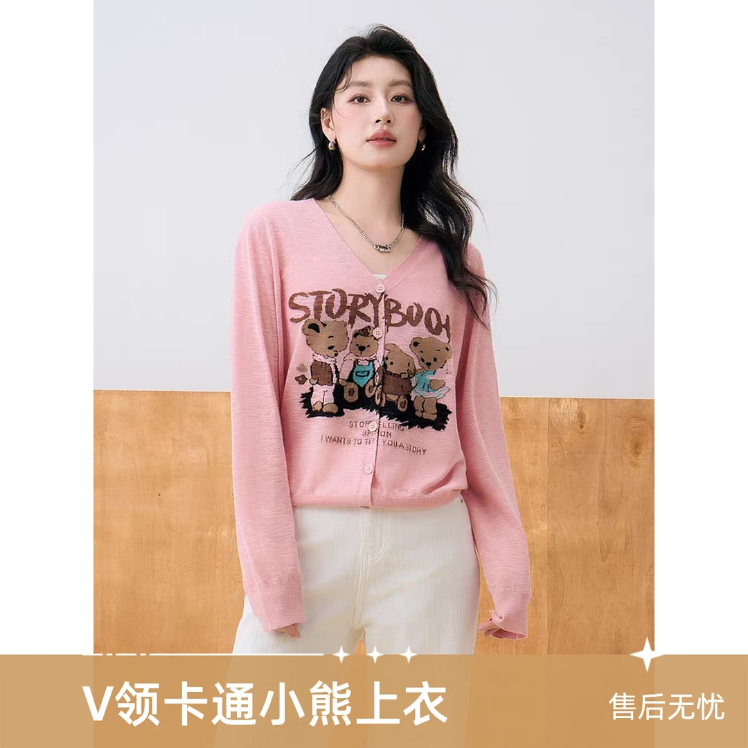 7019#V领2025款日韩卡通小熊春夏款大码胖mm休闲宽松毛针织女上衣