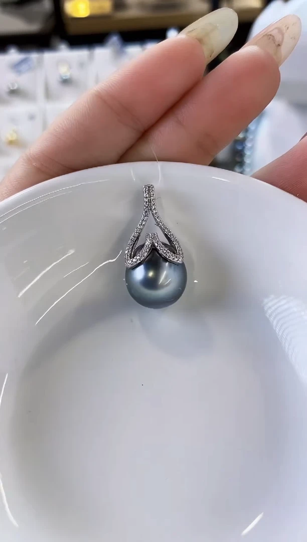 吊坠(不含链)银S925镶嵌海水珍珠14-15大溪地黑珍珠吊坠