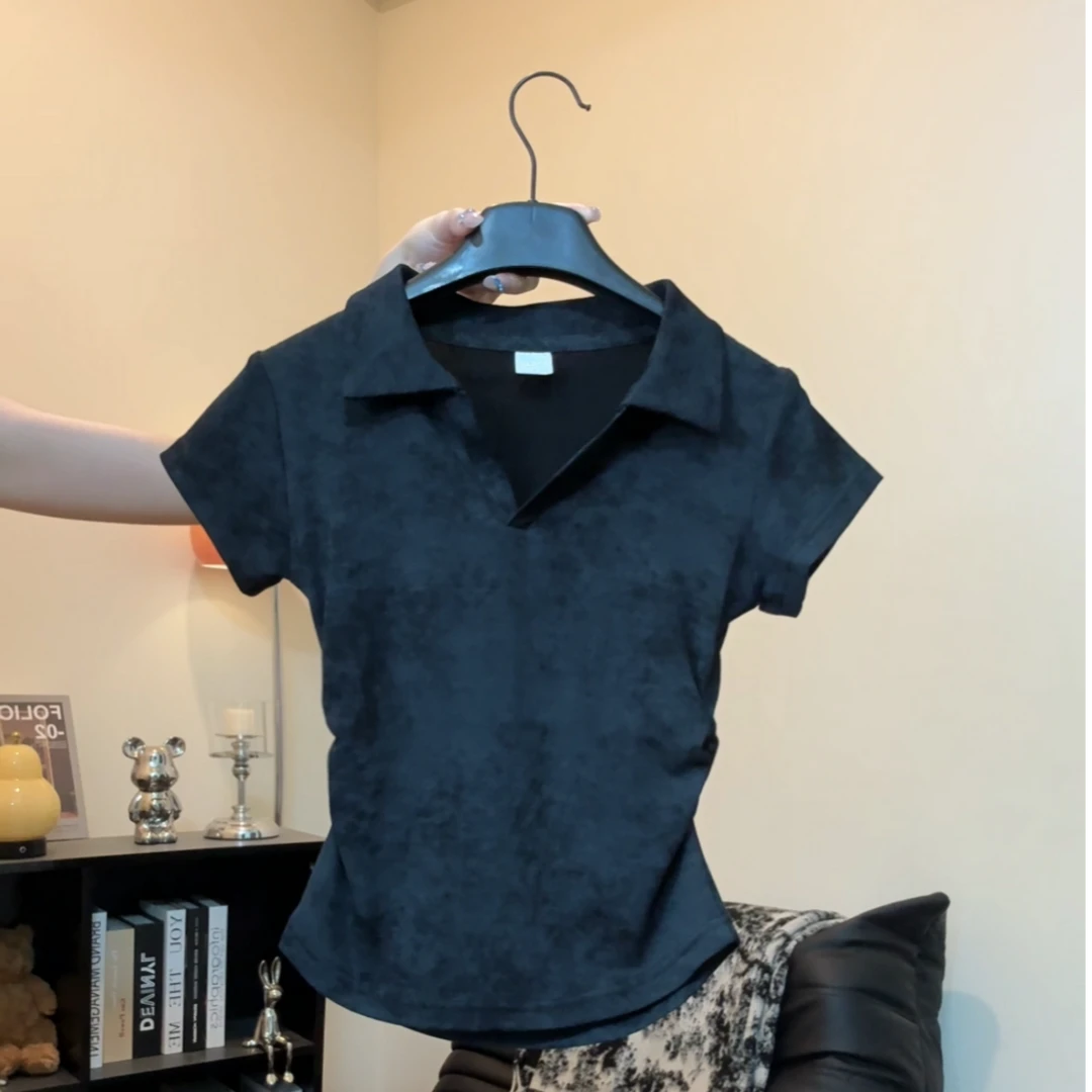 夏季新款翻领短袖上衣常规短款扎染POLO领褶皱洋气T恤女