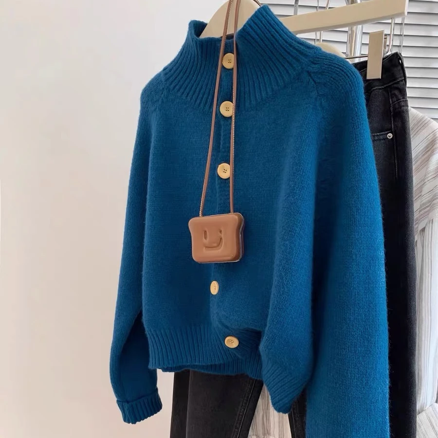 半高领插肩袖纯色百搭短款慵懒风针织开衫外套