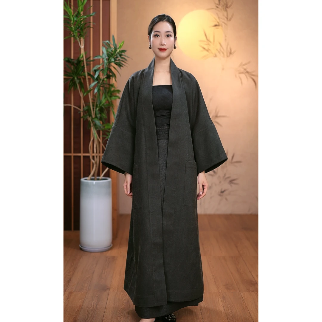 【二十四慢】柞蚕丝老料香云纱斜纹尼长款大衣时尚气质