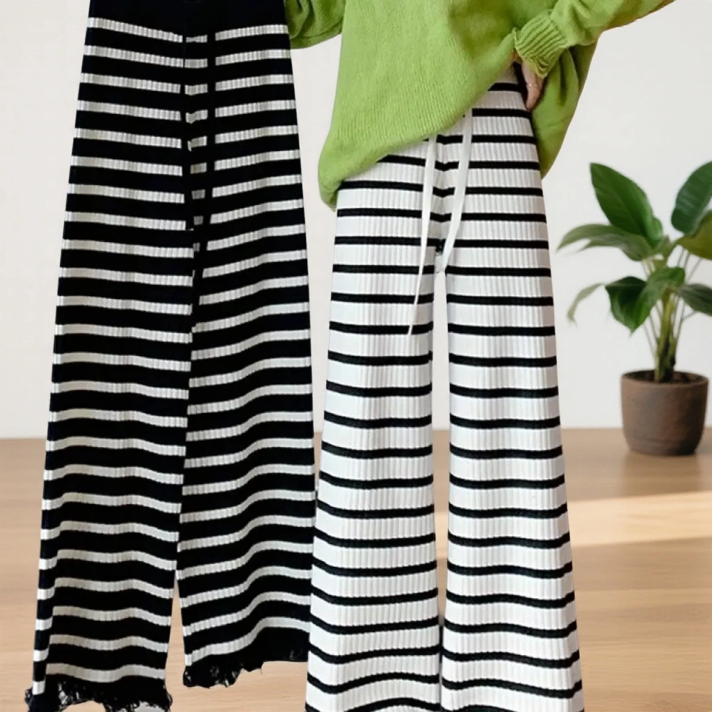 条纹软糯针织裤子女秋冬高腰垂感阔腿裤直筒宽松休闲流苏