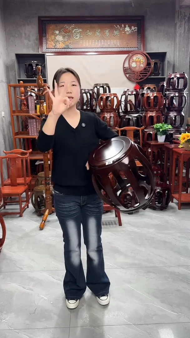 花梨木类家具【微瑕】胡桃色大号鼓凳8号