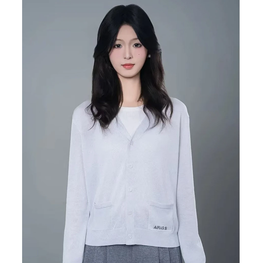 阿玛施早春新款简约纯色V领针织开衫休闲时尚百搭548025