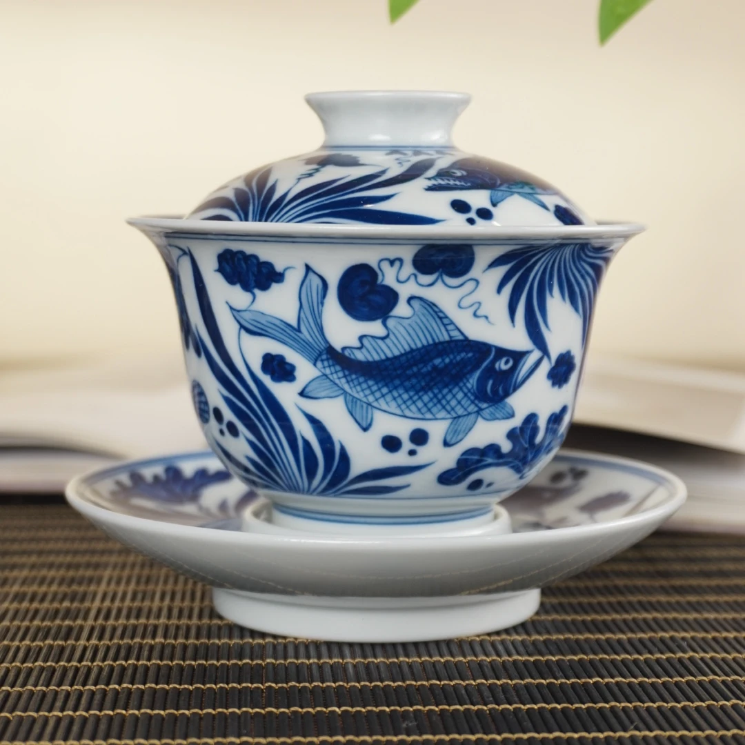 景德镇手绘仿元青花瓷鱼藻三才盖碗手工复古陶瓷釉下彩盖碗鱼藻纹
