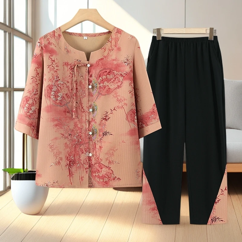 中式妈妈装夏季中老年女装衬衣宽松奶奶两件套衣服洋气圆领套装