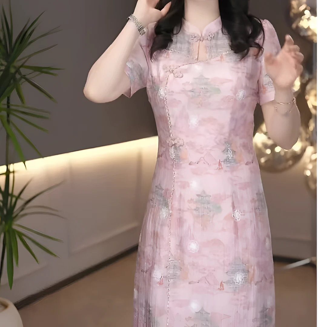 新款旗袍女装连衣裙气质显瘦洋气减龄时尚优雅收腰遮肉简约中长款