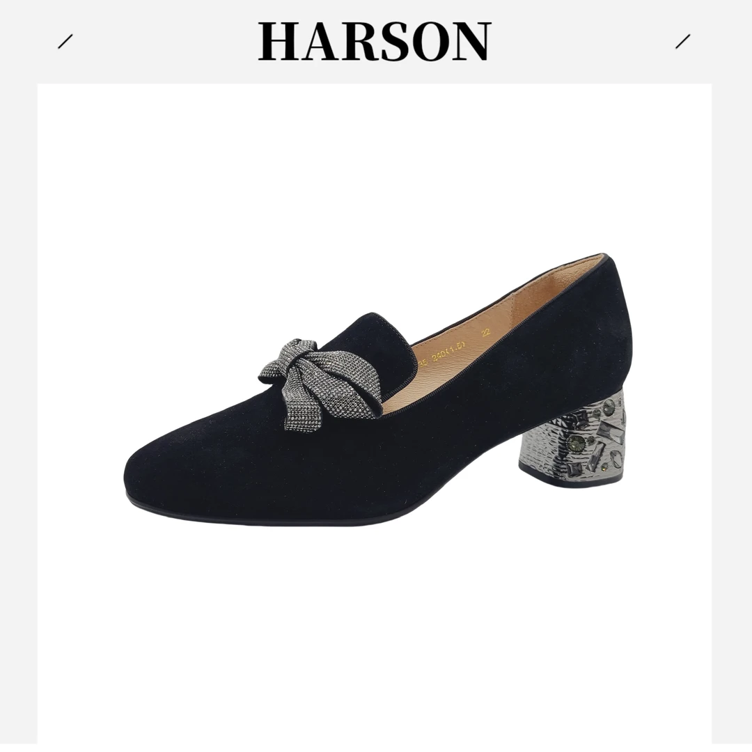 Harson/哈森蝴蝶结低跟一脚蹬单鞋皮鞋方头女士跟鞋粗跟227135