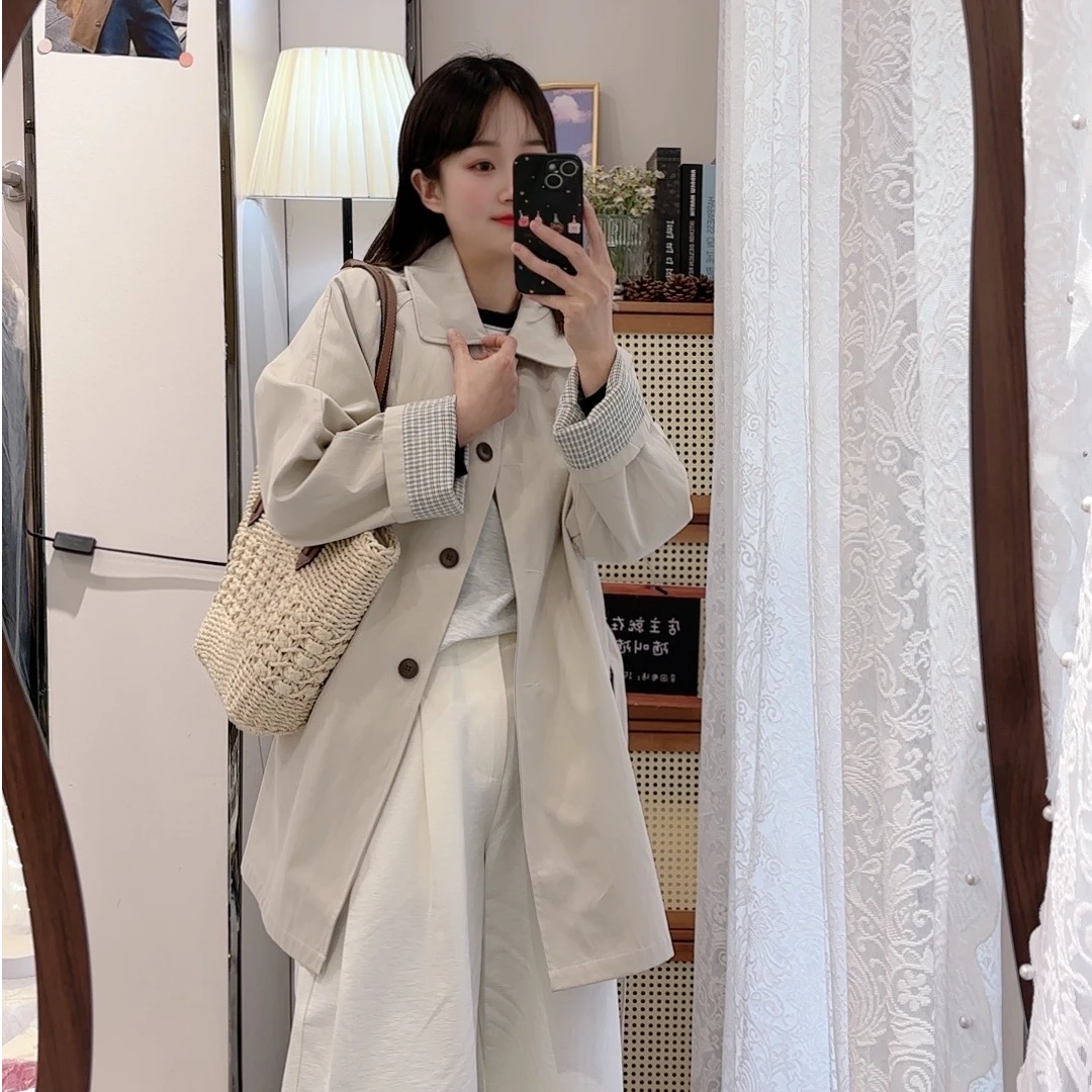 学院风文艺复古春款女翻领拼接袖风衣外套小个子风衣外套