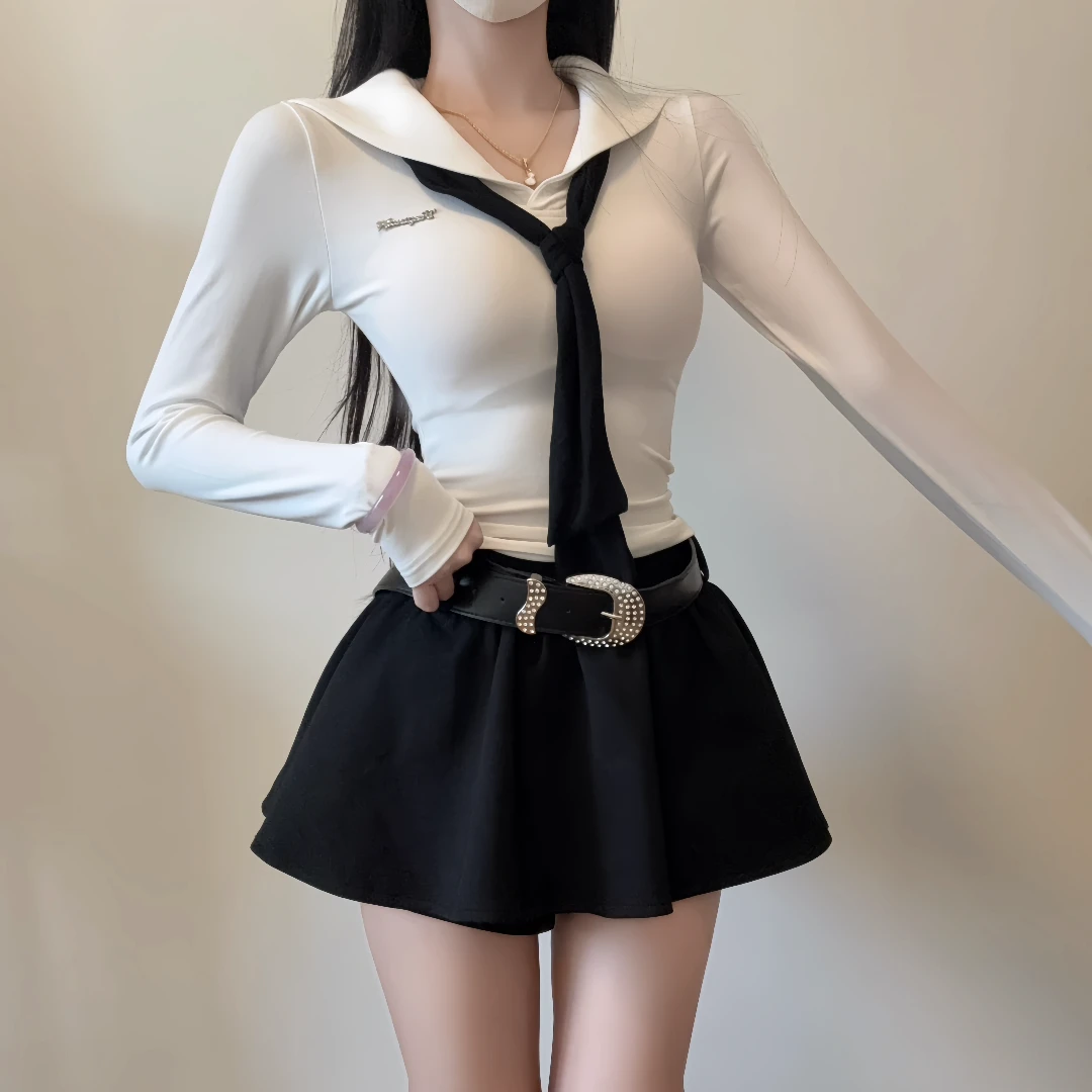 iqcq气球熊美式学院风甜辣早秋修身海军领显瘦长袖上衣短裙两件套