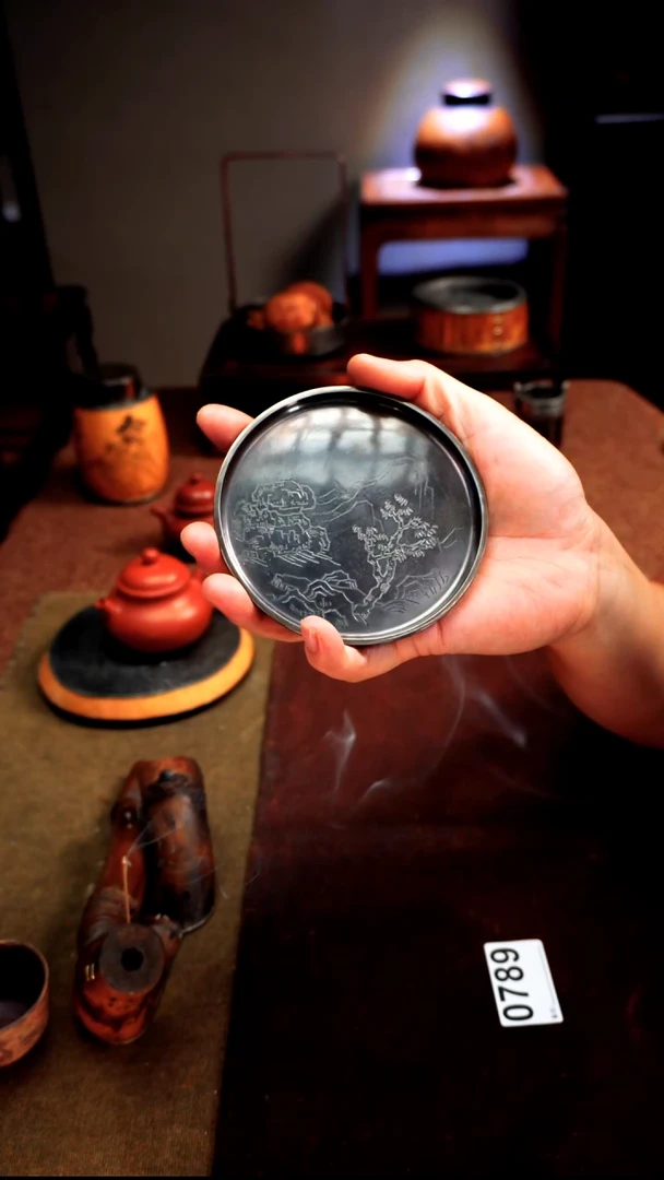 0789雕刻纯锡壶承茶盘直径11