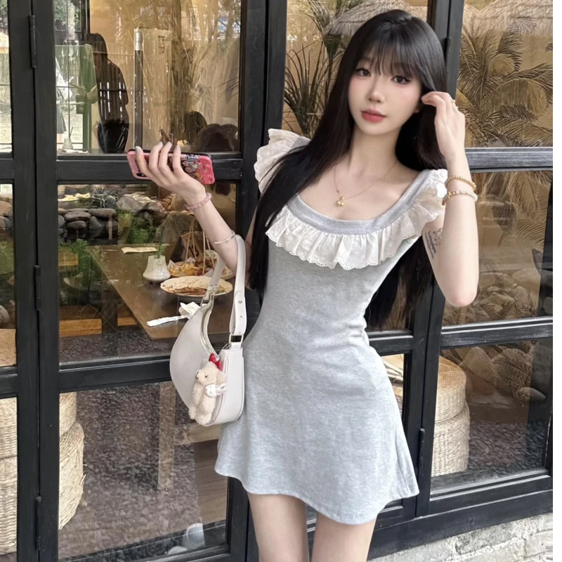夏季连衣裙花边拼接短款纯欲A字裙修身显瘦灰色收腰百搭短裙新款