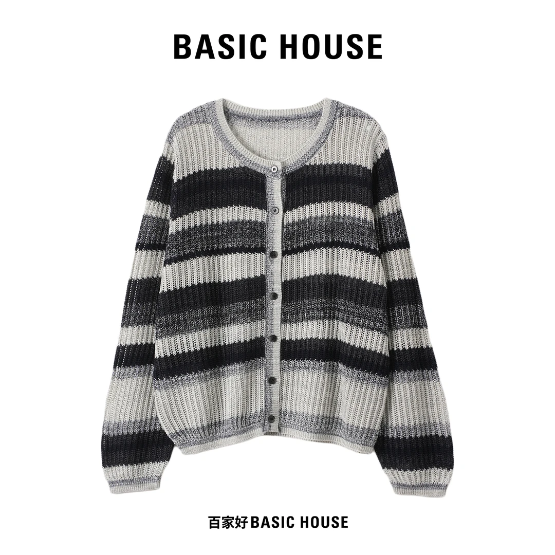 Basic House/百家好2025秋开衫女长袖撞色单排扣毛针织衫H582 MM