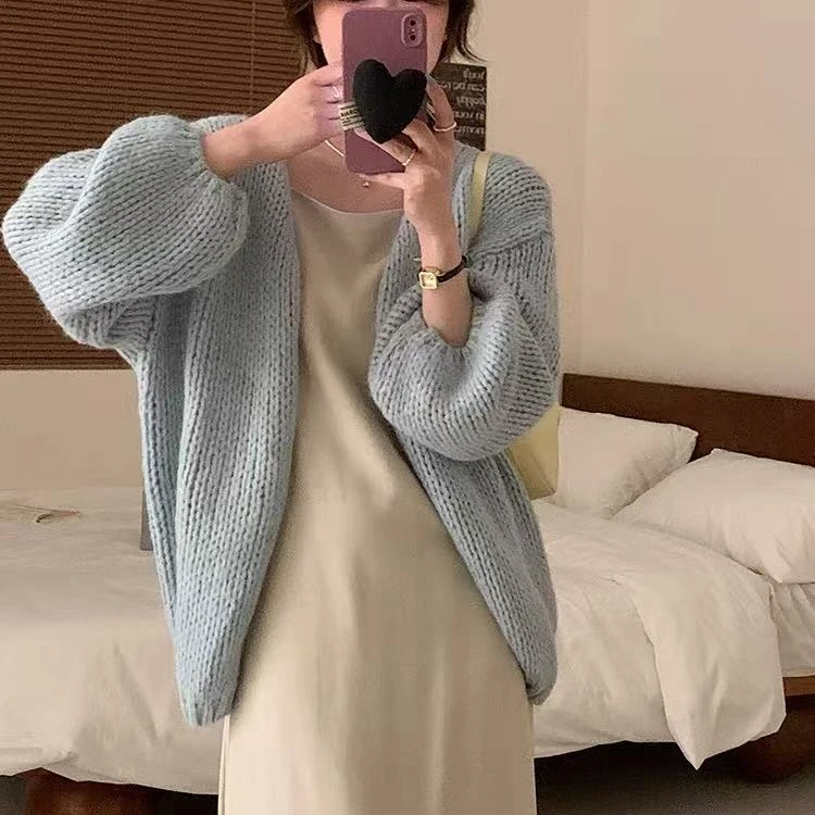 HSTYLE/韩都衣舍秋冬慵懒风高级感针织开衫百搭毛衣外套女