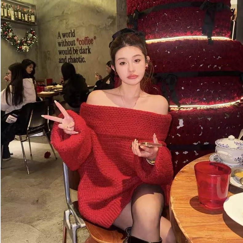 RENYI RILAR新品慵懒风宽松版一字肩针织露肩毛衣RRSY145