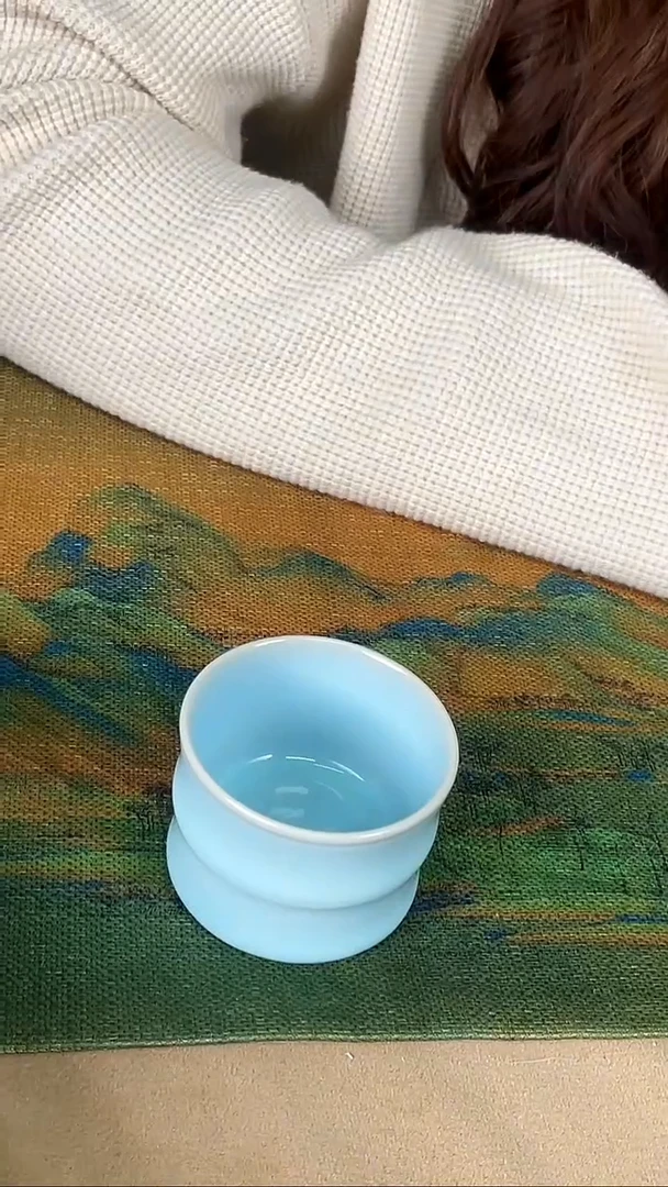 杯子瓷韩红 天青釉 竹节杯