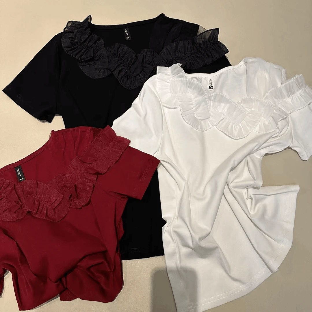 《姚家优麦汇》Y5780春夏款木耳边领设计感时尚百搭短袖显瘦上衣女