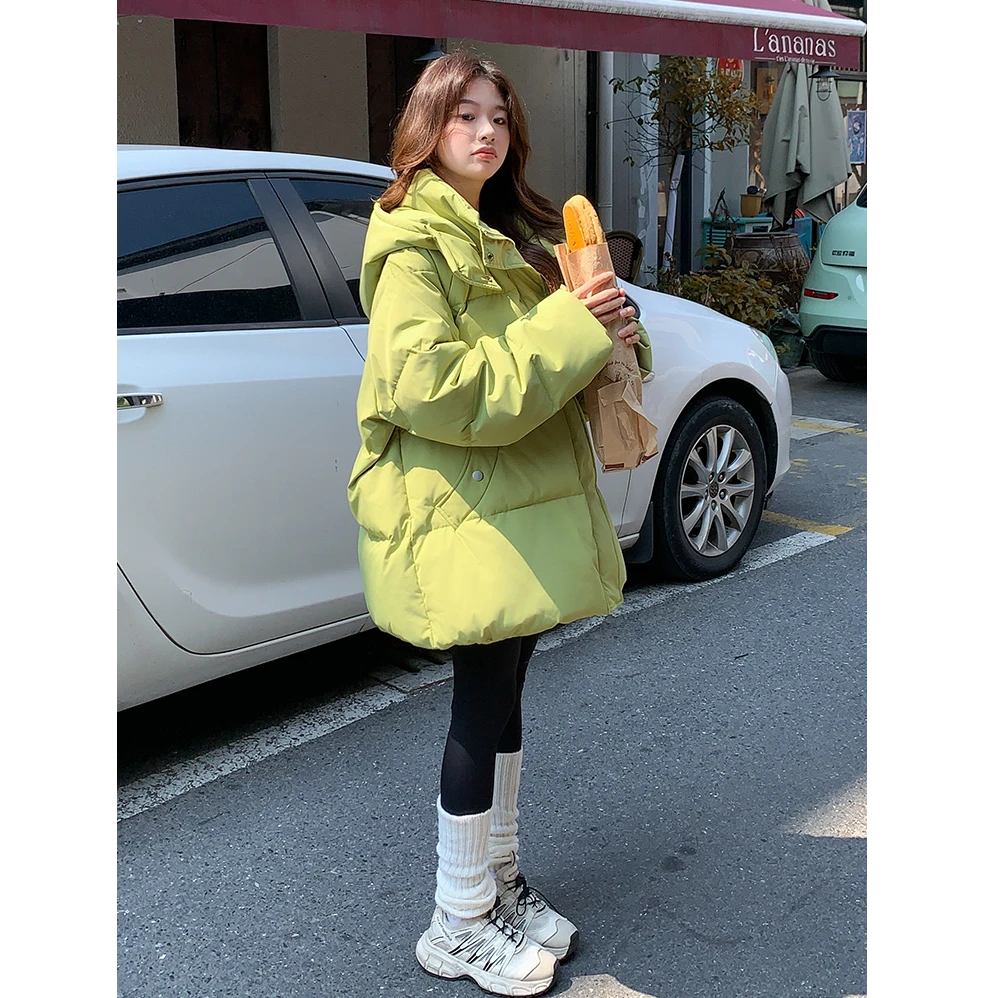 大码女装胖mm绿色减龄保暖连帽羽绒棉服女冬季加厚棉衣外套面包服